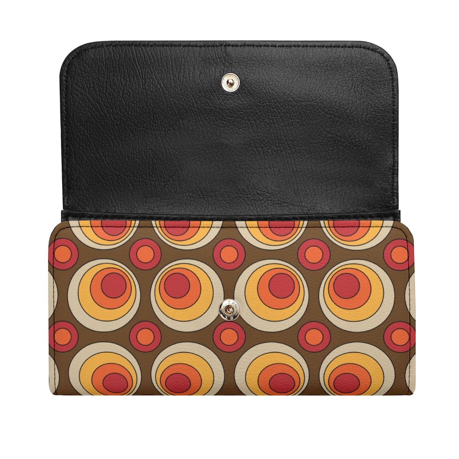 Retro 70s Groovy Clutch Wallet, Brown Orange Space Orbs - Mid Century Modern Gal