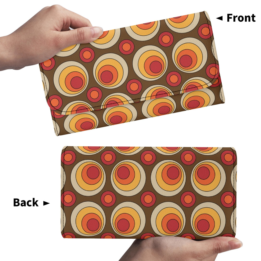 Retro 70s Groovy Clutch Wallet, Brown Orange Space Orbs - Mid Century Modern Gal