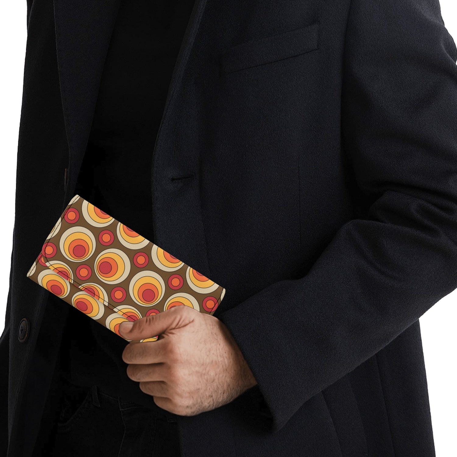 Retro 70s Groovy Clutch Wallet, Brown Orange Space Orbs - Mid Century Modern Gal