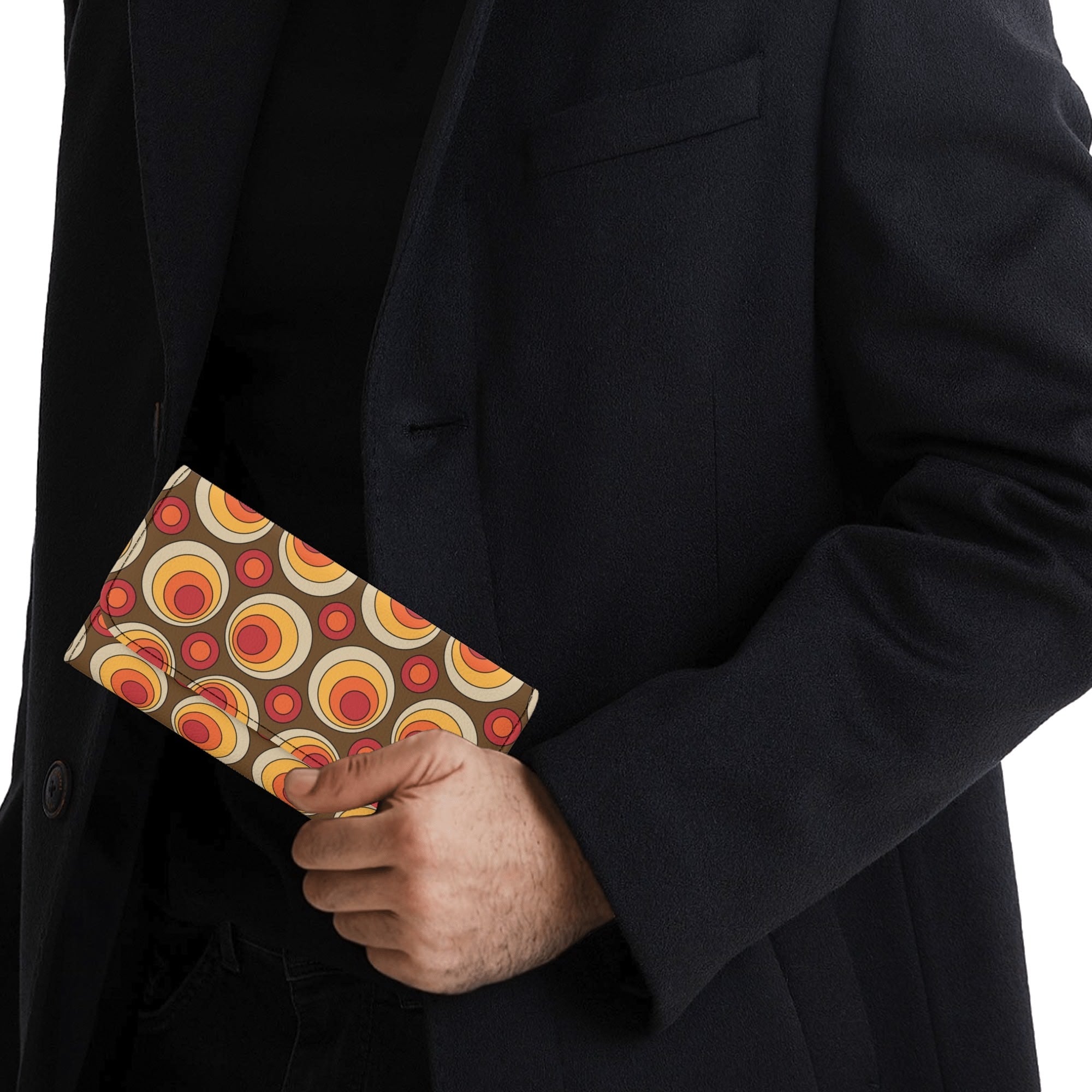 Retro 70s Groovy Clutch Wallet, Brown Orange Space Orbs - Mid Century Modern Gal