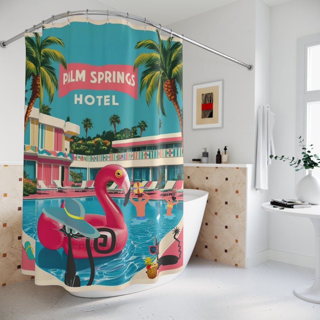Vintage Palm Springs Hotel Flamingo, Atomic Kitschy Cats Shower Curtain – Retro Tropical Decor for Bathroom - Mid Century Modern Gal
