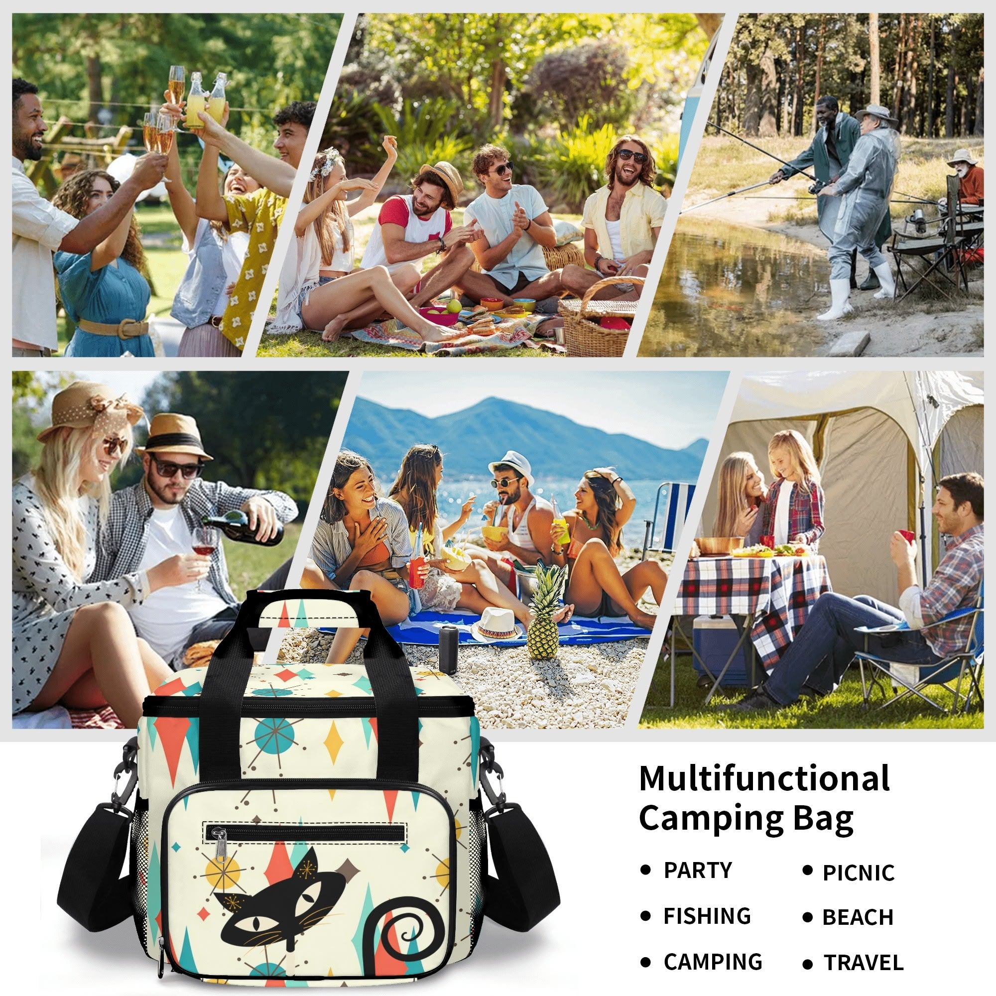 Atomic Retro Black Cat Franciscan Starburst Insulated Cooler Pool Beach Bag - Mid Century Modern Gal