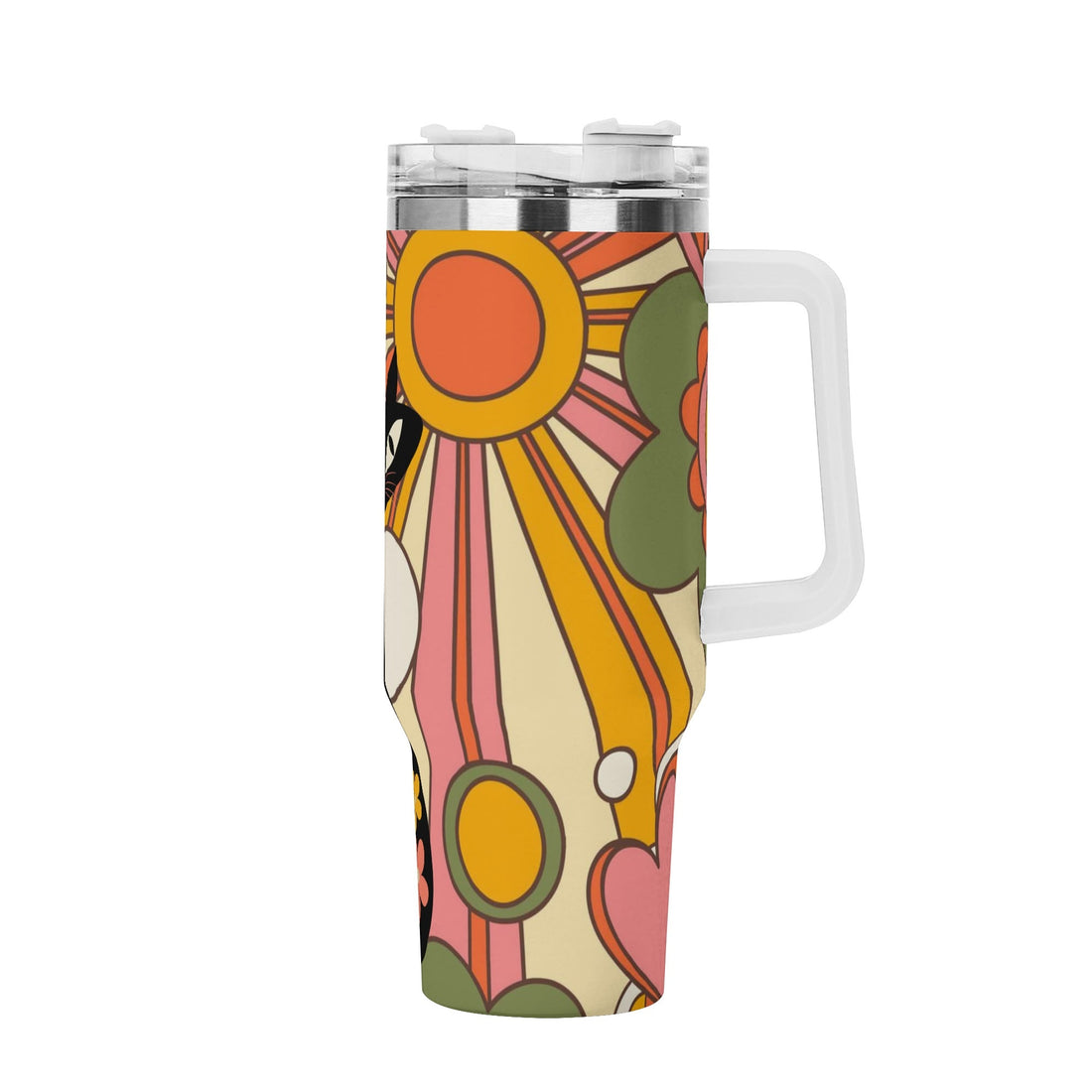 Retro 70s Groovy Ray Of Sunshine Mid Mod Atomic Cat 40oz Stainless Steel Tumbler Gift With White Handle and Straw - Mid Century Modern Gal