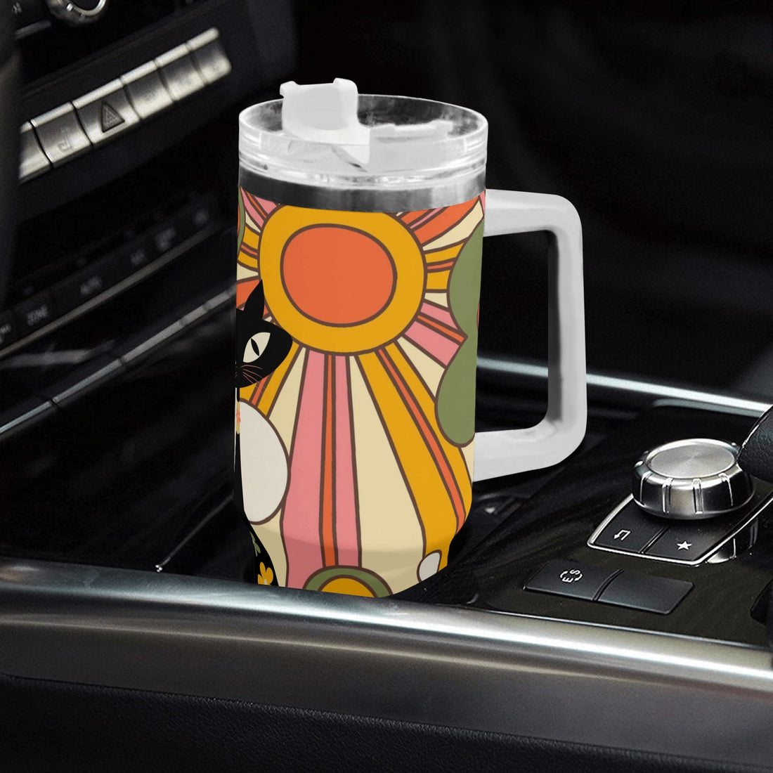 Retro 70s Groovy Ray Of Sunshine Mid Mod Atomic Cat 40oz Stainless Steel Tumbler Gift With White Handle and Straw - Mid Century Modern Gal