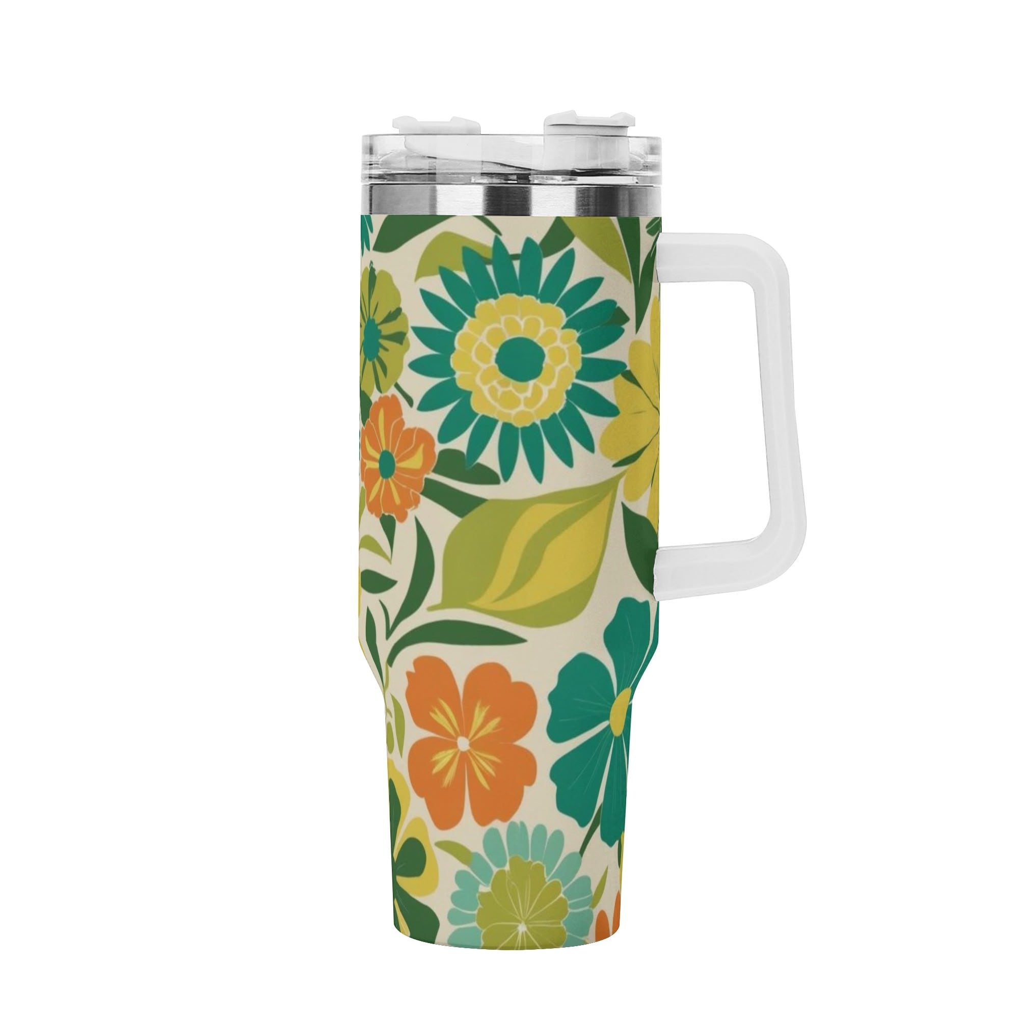 Flower Power Groovy Green Retro 70s Mod 40oz Stainless Steel Tumbler Gift With White Handle and Straw - Mid Century Modern Gal