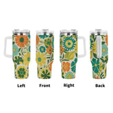 Flower Power Groovy Green Retro 70s Mod 40oz Stainless Steel Tumbler Gift With White Handle and Straw - Mid Century Modern Gal