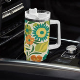 Flower Power Groovy Green Retro 70s Mod 40oz Stainless Steel Tumbler Gift With White Handle and Straw - Mid Century Modern Gal