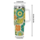 Flower Power Groovy Green Retro 70s Mod 40oz Stainless Steel Tumbler Gift With White Handle and Straw - Mid Century Modern Gal