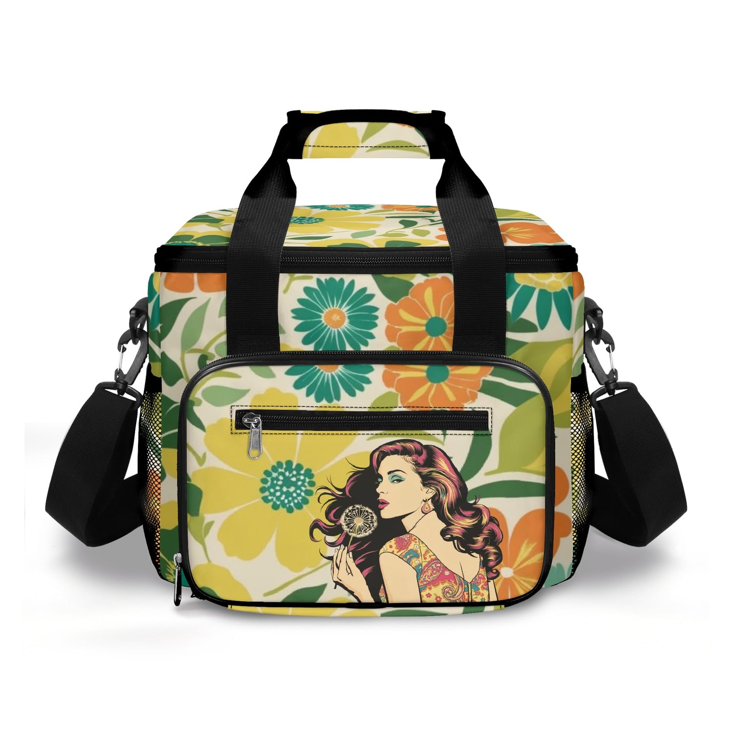 Flower Power Hippie Mod Gal, Retro Floral Green Orange Yellow Designed, Kitschy Mod Beach, Pool Cooler Bag - Mid Century Modern Gal