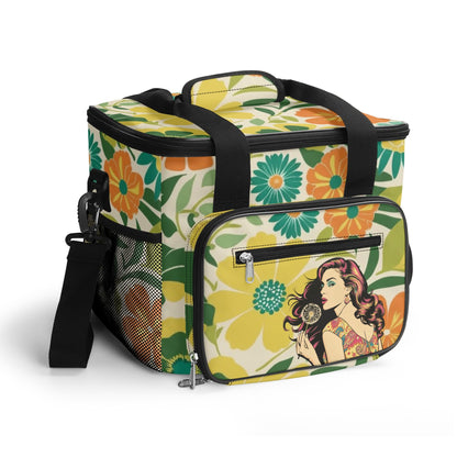 Flower Power Hippie Mod Gal, Retro Floral Green Orange Yellow Designed, Kitschy Mod Beach, Pool Cooler Bag - Mid Century Modern Gal