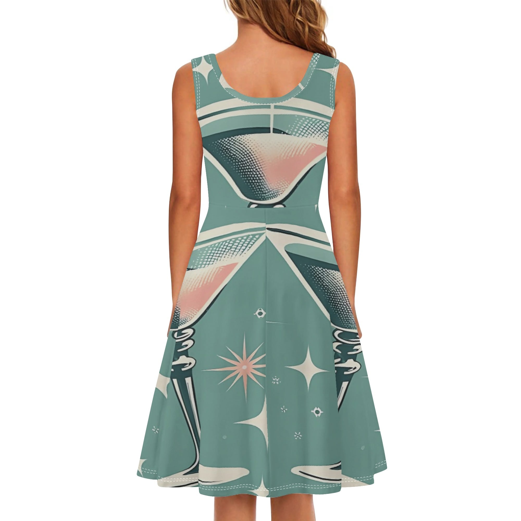 Mid Mod Gal, Cocktail Martini Womens Tank Dress Midi Wrap Round Neck Sleeveless Sundress XL