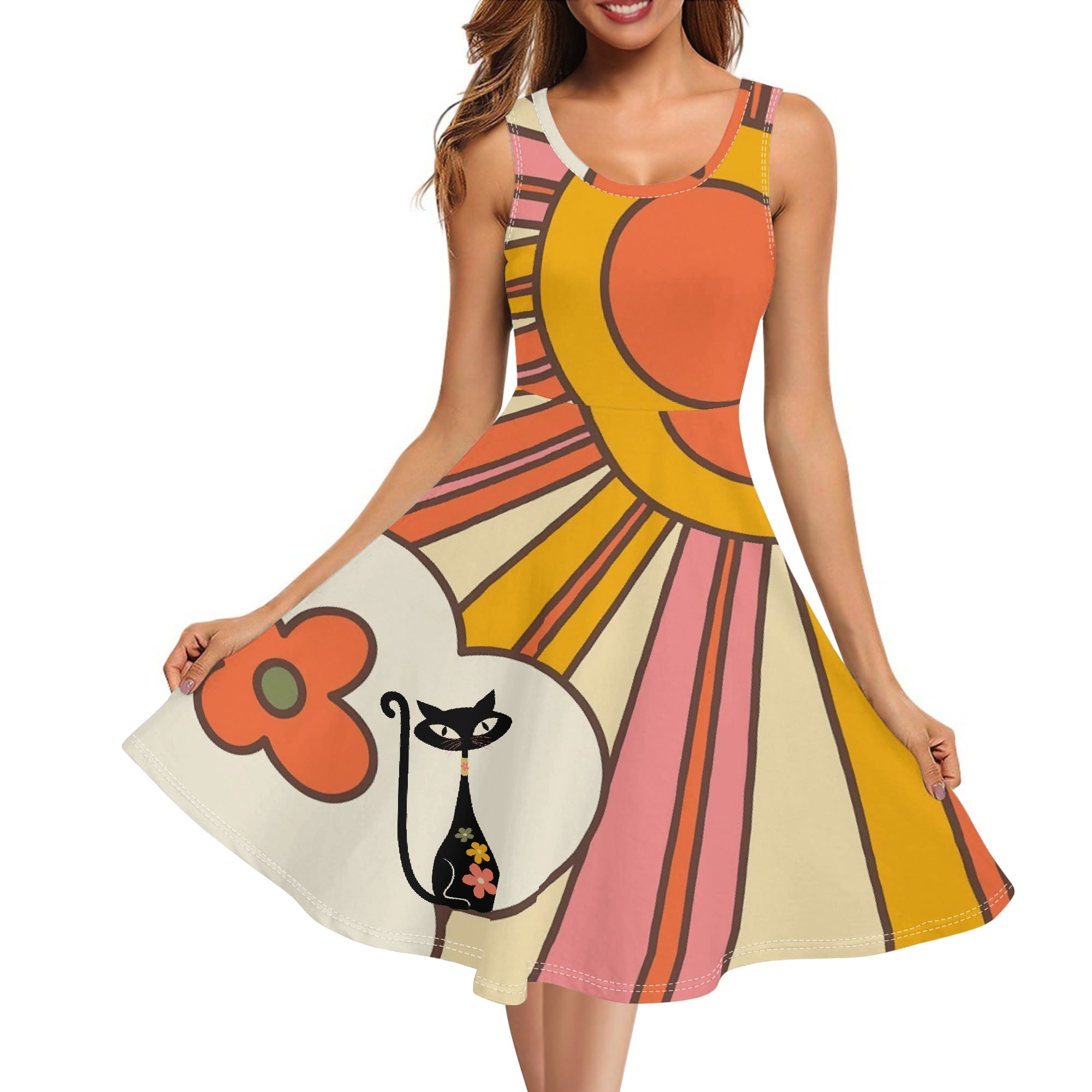 Retro Flower Power, Ray Of Sunshine 70s Womens Tank Dress Midi Wrap Round Neck Sleeveless Sundress - Mid Century Modern Gal