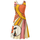 Retro Flower Power, Ray Of Sunshine 70s Womens Tank Dress Midi Wrap Round Neck Sleeveless Sundress - Mid Century Modern Gal