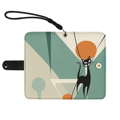 Atomic Black Cat, Kitschy Mod Martini Design Phone Flip Case Phone Models - Mid Century Modern Gal