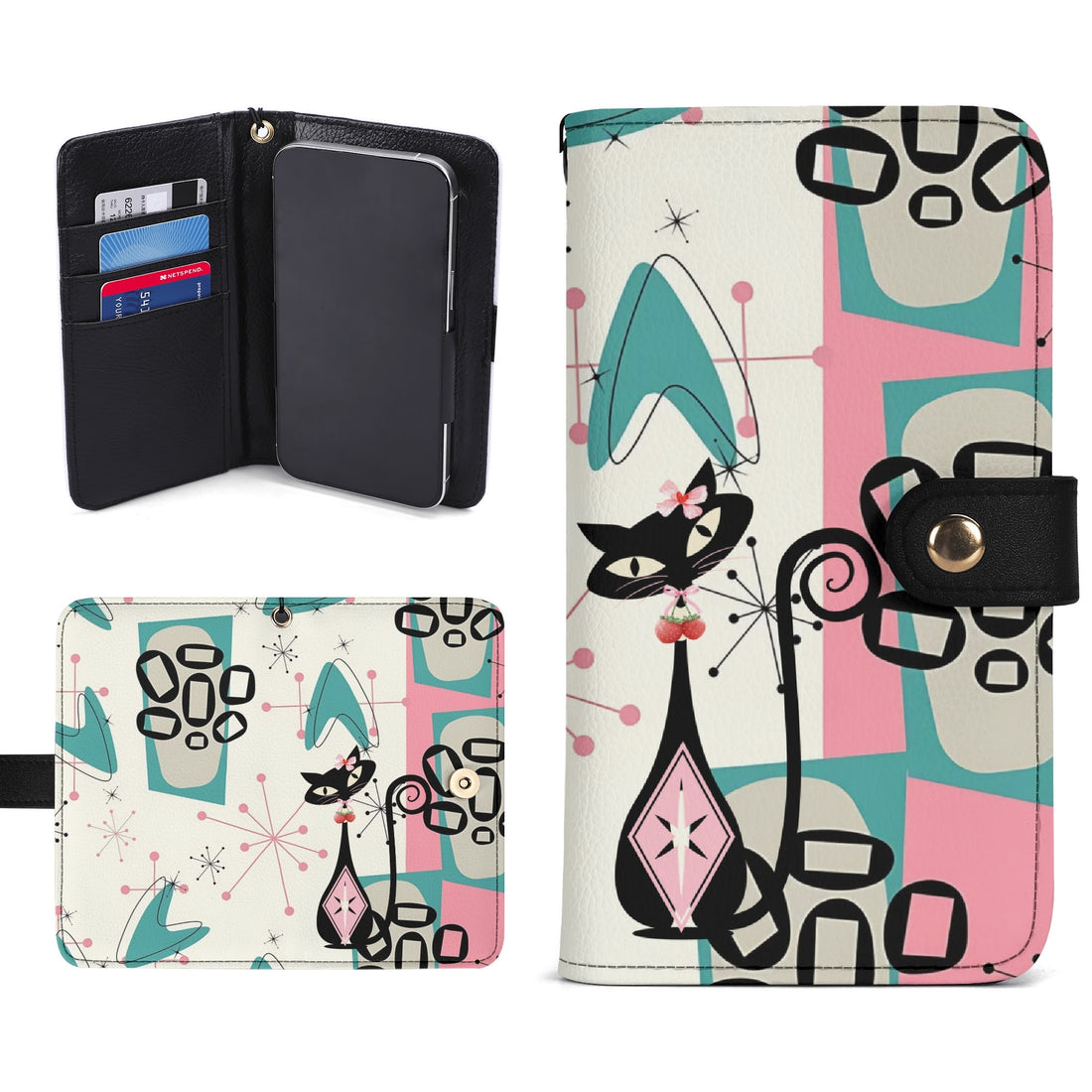 Atomic Cat Flip Phone Case, Pink Aqua Boomerang Starburst Phone Cover Wristlet - Mid Century Modern Gal