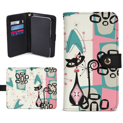 Atomic Cat Flip Phone Case, Pink Aqua Boomerang Starburst Phone Cover Wristlet - Mid Century Modern Gal