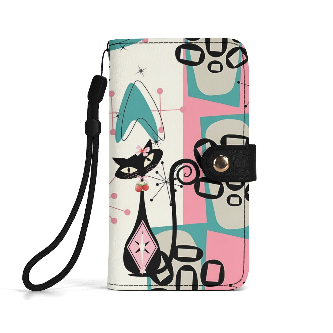 Atomic Cat Flip Phone Case, Pink Aqua Boomerang Starburst Phone Cover Wristlet - Mid Century Modern Gal