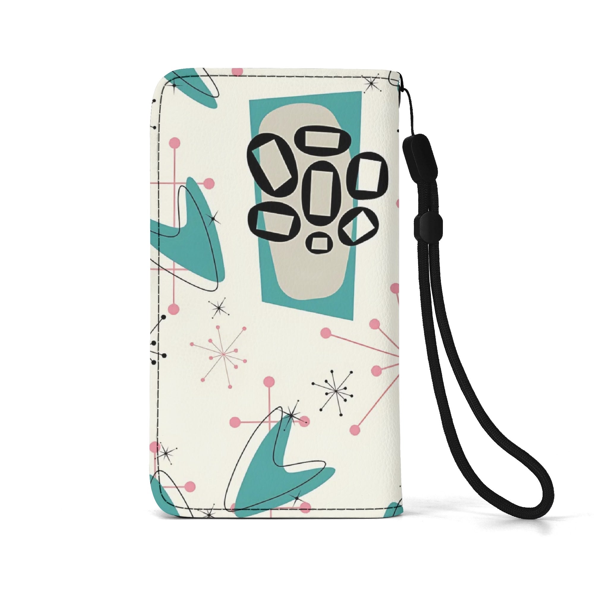 Atomic Cat Flip Phone Case, Pink Aqua Boomerang Starburst Phone Cover Wristlet - Mid Century Modern Gal