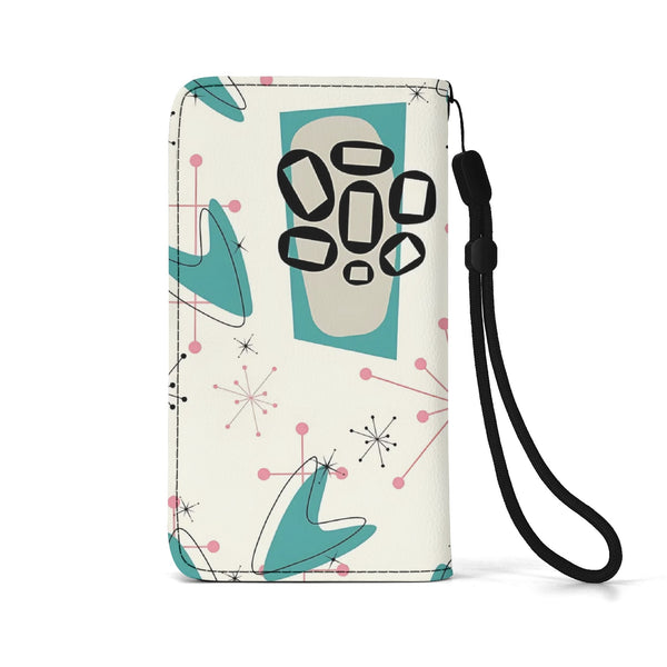 Atomic Cat Flip Phone Case, Pink Aqua Boomerang Starburst Phone Cover Wristlet