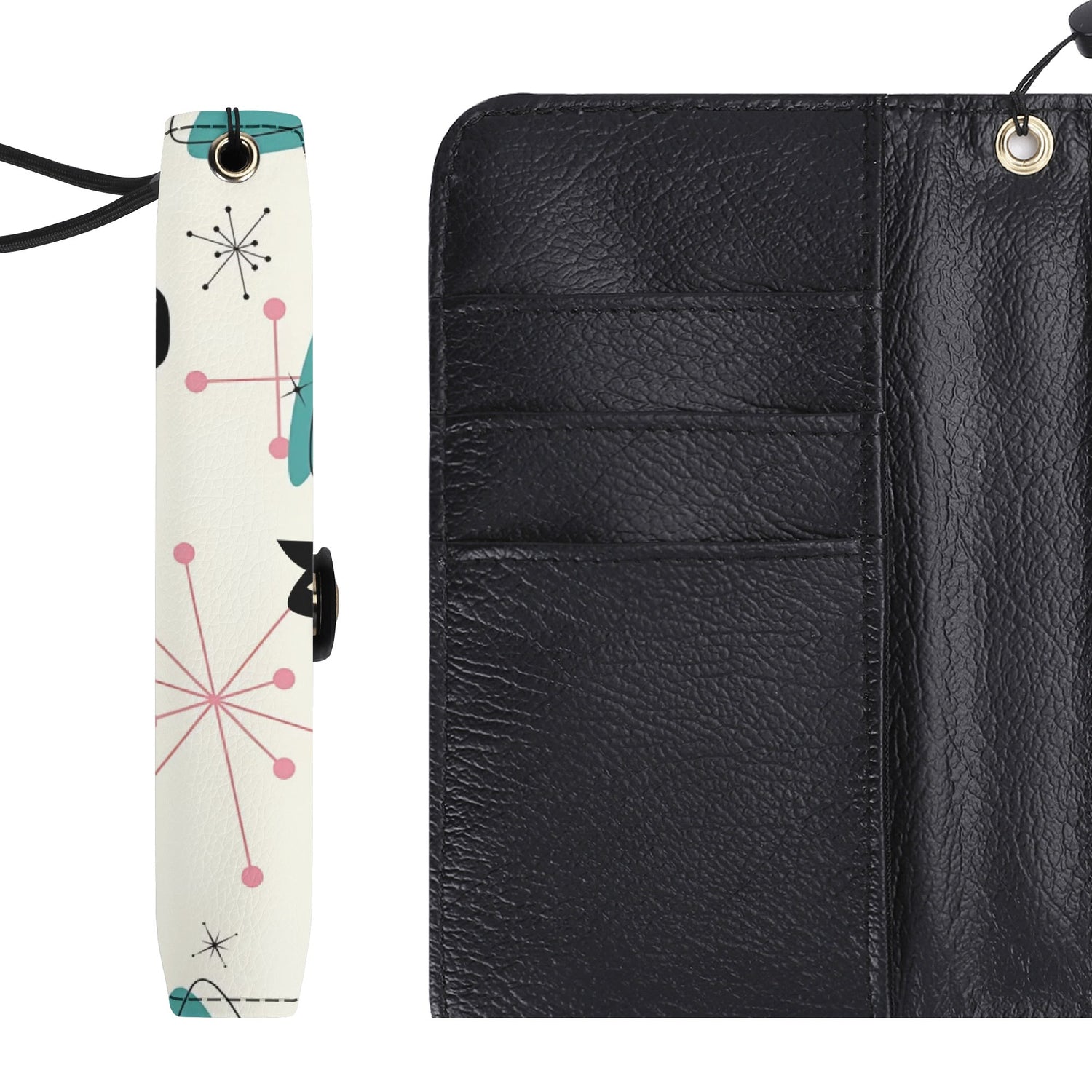 Atomic Cat Flip Phone Case, Pink Aqua Boomerang Starburst Phone Cover Wristlet - Mid Century Modern Gal