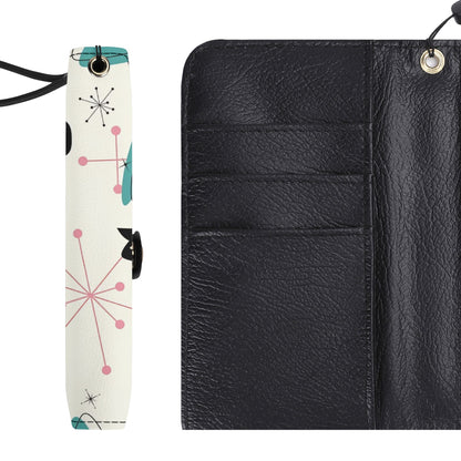 Atomic Cat Flip Phone Case, Pink Aqua Boomerang Starburst Phone Cover Wristlet - Mid Century Modern Gal
