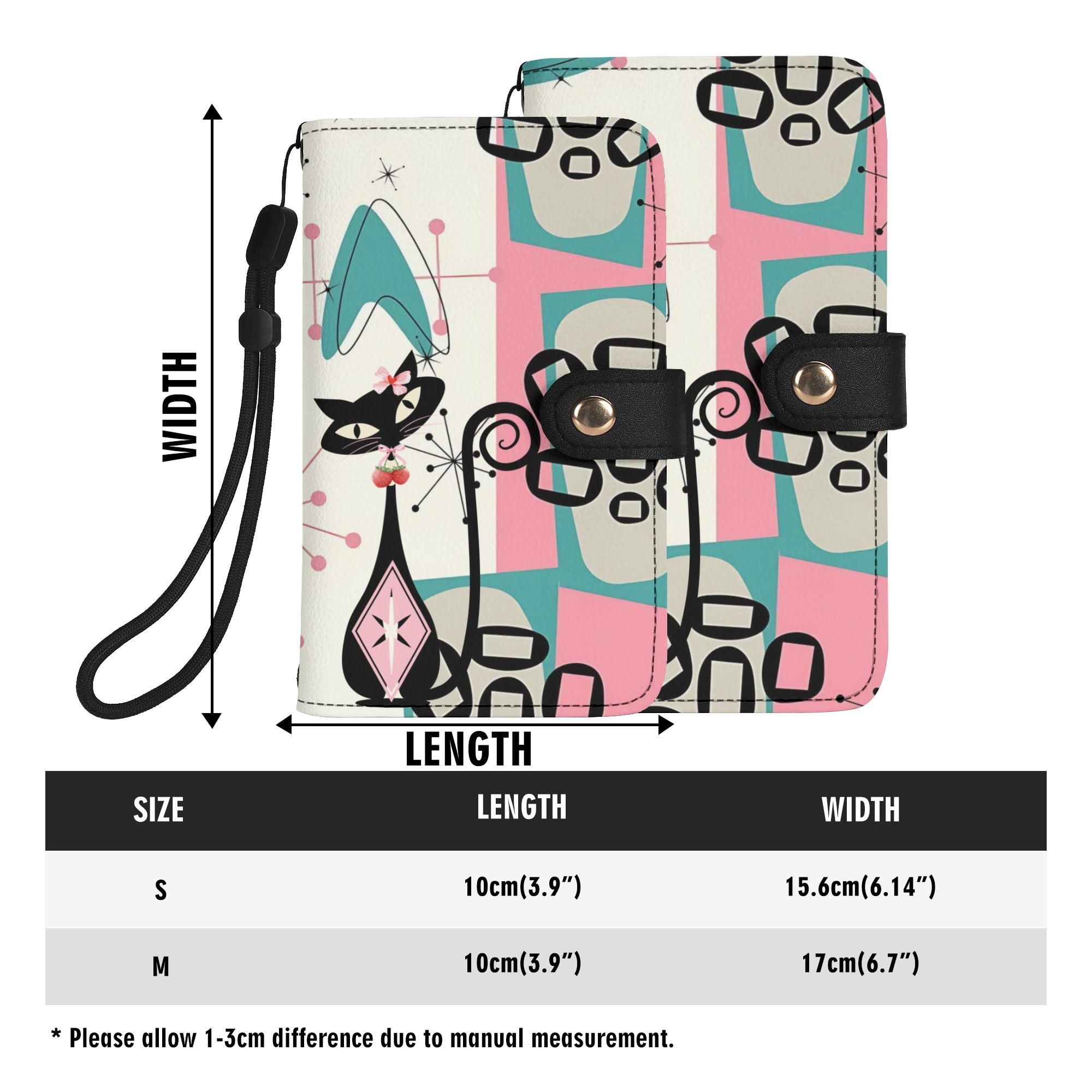 Atomic Cat Flip Phone Case, Pink Aqua Boomerang Starburst Phone Cover Wristlet - Mid Century Modern Gal
