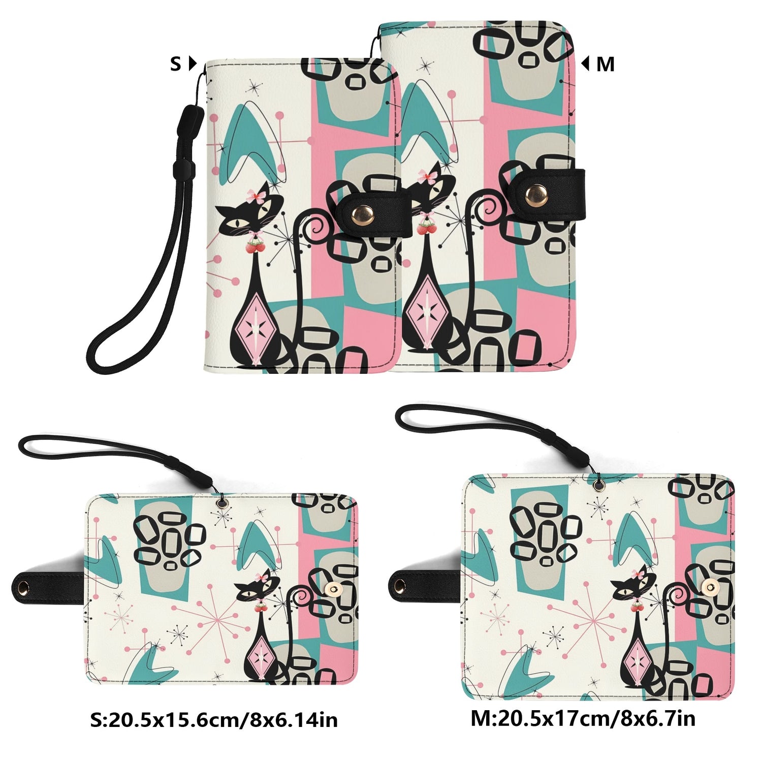 Atomic Cat Flip Phone Case, Pink Aqua Boomerang Starburst Phone Cover Wristlet - Mid Century Modern Gal