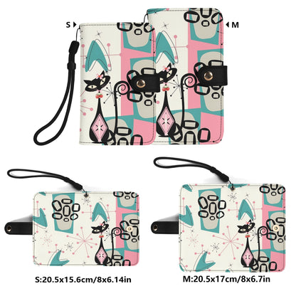 Atomic Cat Flip Phone Case, Pink Aqua Boomerang Starburst Phone Cover Wristlet - Mid Century Modern Gal