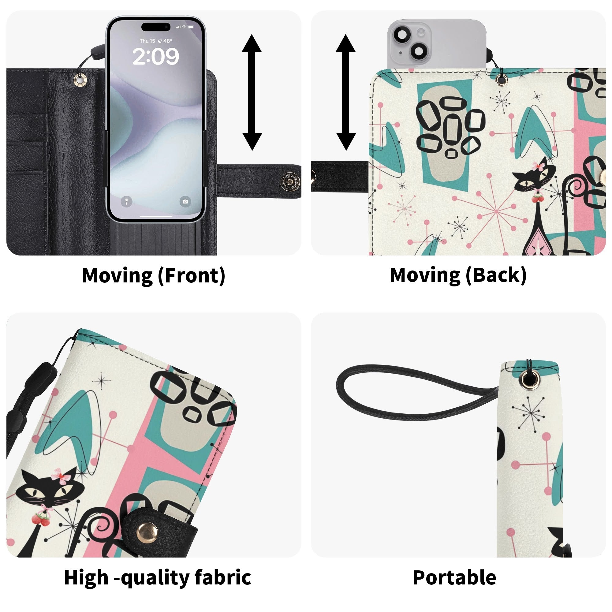 Atomic Cat Flip Phone Case, Pink Aqua Boomerang Starburst Phone Cover Wristlet - Mid Century Modern Gal