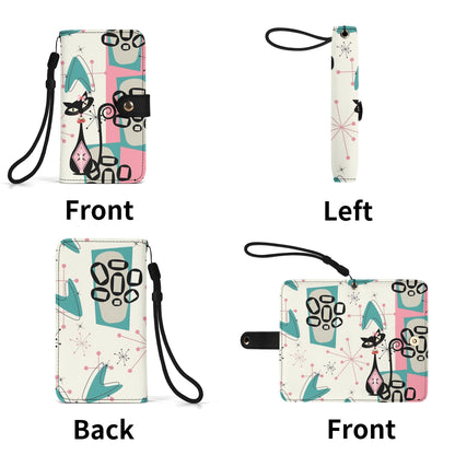 Atomic Cat Flip Phone Case, Pink Aqua Boomerang Starburst Phone Cover Wristlet - Mid Century Modern Gal