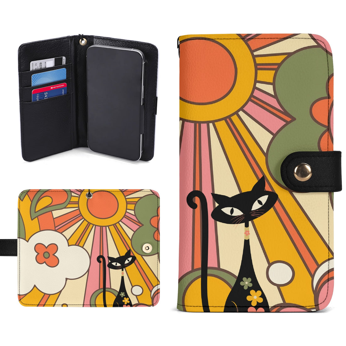 Retro 70s Groovy Ray Of Sun Phone Flip Case Wristlet WIth Atomic Groovy Cat - Mid Century Modern Gal