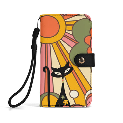 Retro 70s Groovy Ray Of Sun Phone Flip Case Wristlet WIth Atomic Groovy Cat - Mid Century Modern Gal