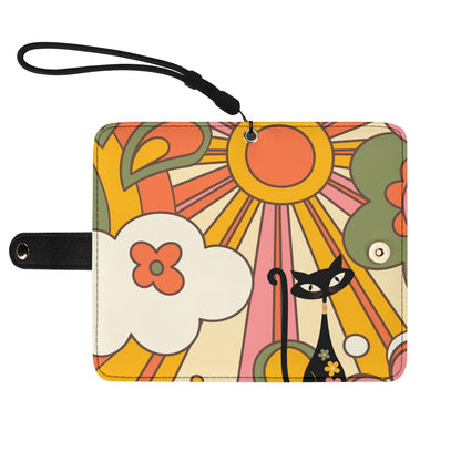 Retro 70s Groovy Ray Of Sun Phone Flip Case Wristlet WIth Atomic Groovy Cat - Mid Century Modern Gal