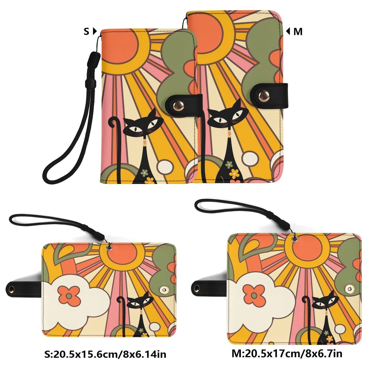 Retro 70s Groovy Ray Of Sun Phone Flip Case Wristlet WIth Atomic Groovy Cat - Mid Century Modern Gal