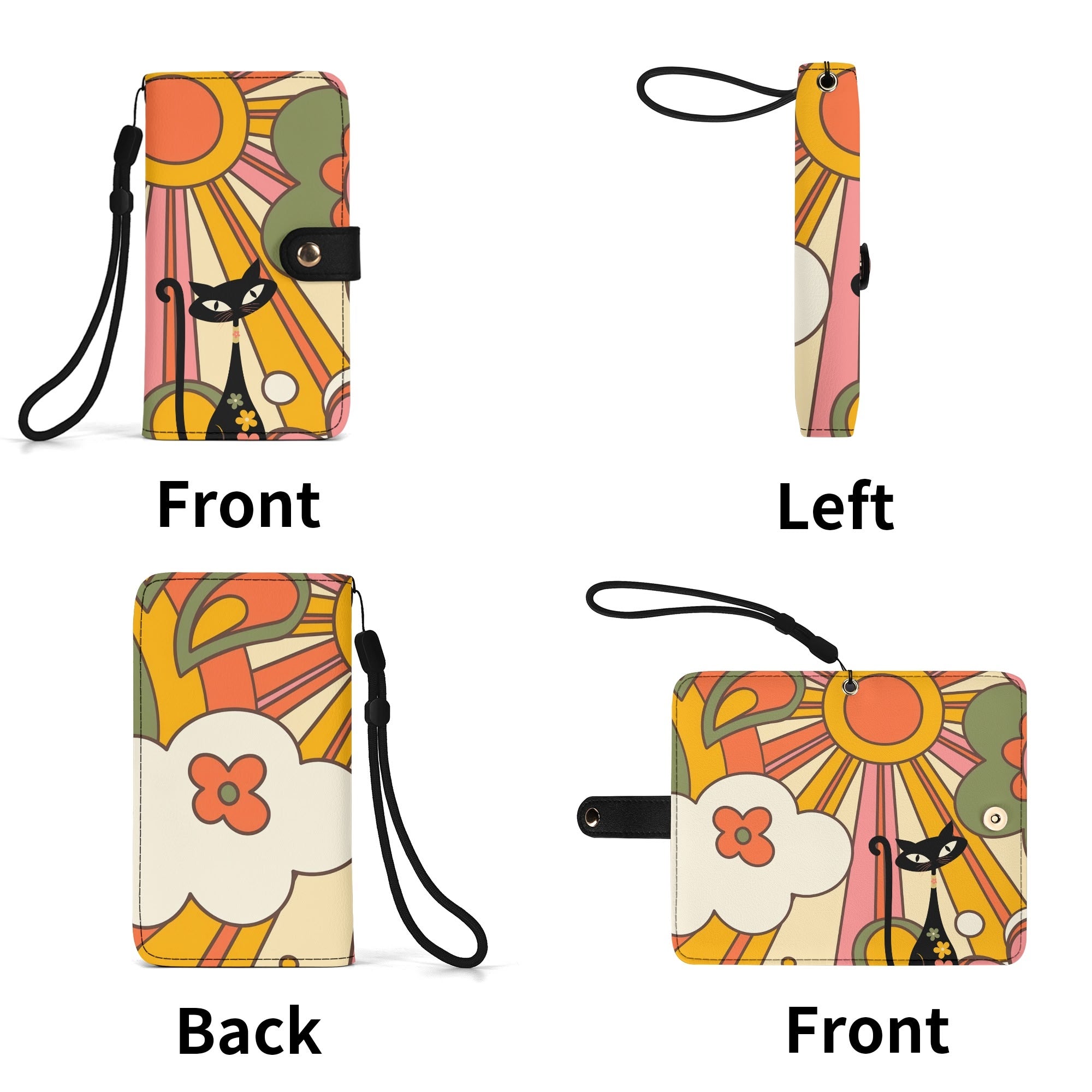 Retro 70s Groovy Ray Of Sun Phone Flip Case Wristlet WIth Atomic Groovy Cat - Mid Century Modern Gal