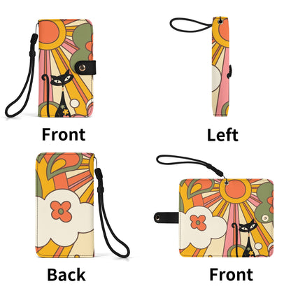 Retro 70s Groovy Ray Of Sun Phone Flip Case Wristlet WIth Atomic Groovy Cat - Mid Century Modern Gal