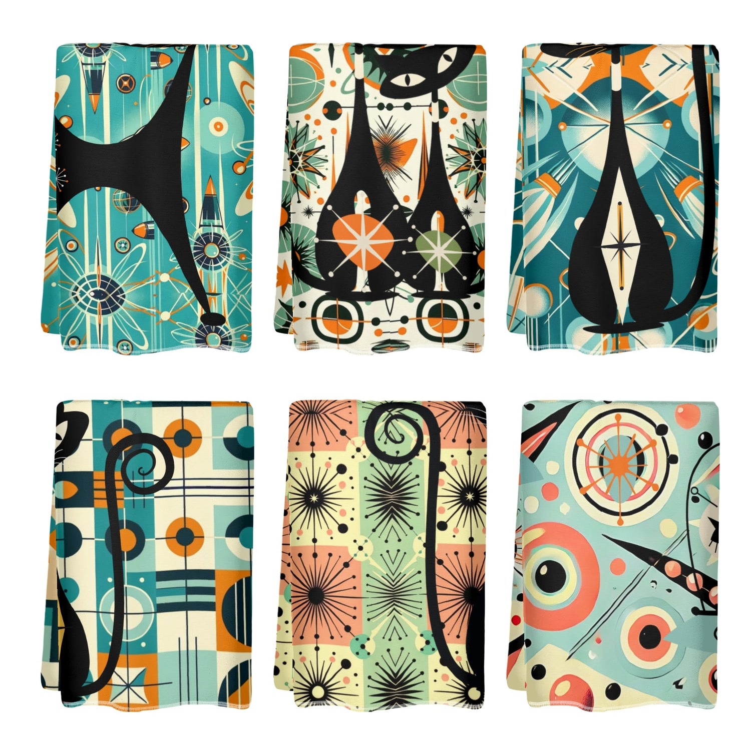 Atomic Space Cats Mid Century Modern Kitschy Bath Kitchen Towels - Mid Century Modern Gal
