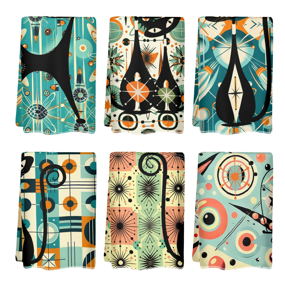 Atomic Space Cats Mid Century Modern Kitschy Bath Kitchen Towels - Mid Century Modern Gal