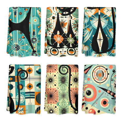 Atomic Space Cats Mid Century Modern Kitschy Bath Kitchen Towels - Mid Century Modern Gal