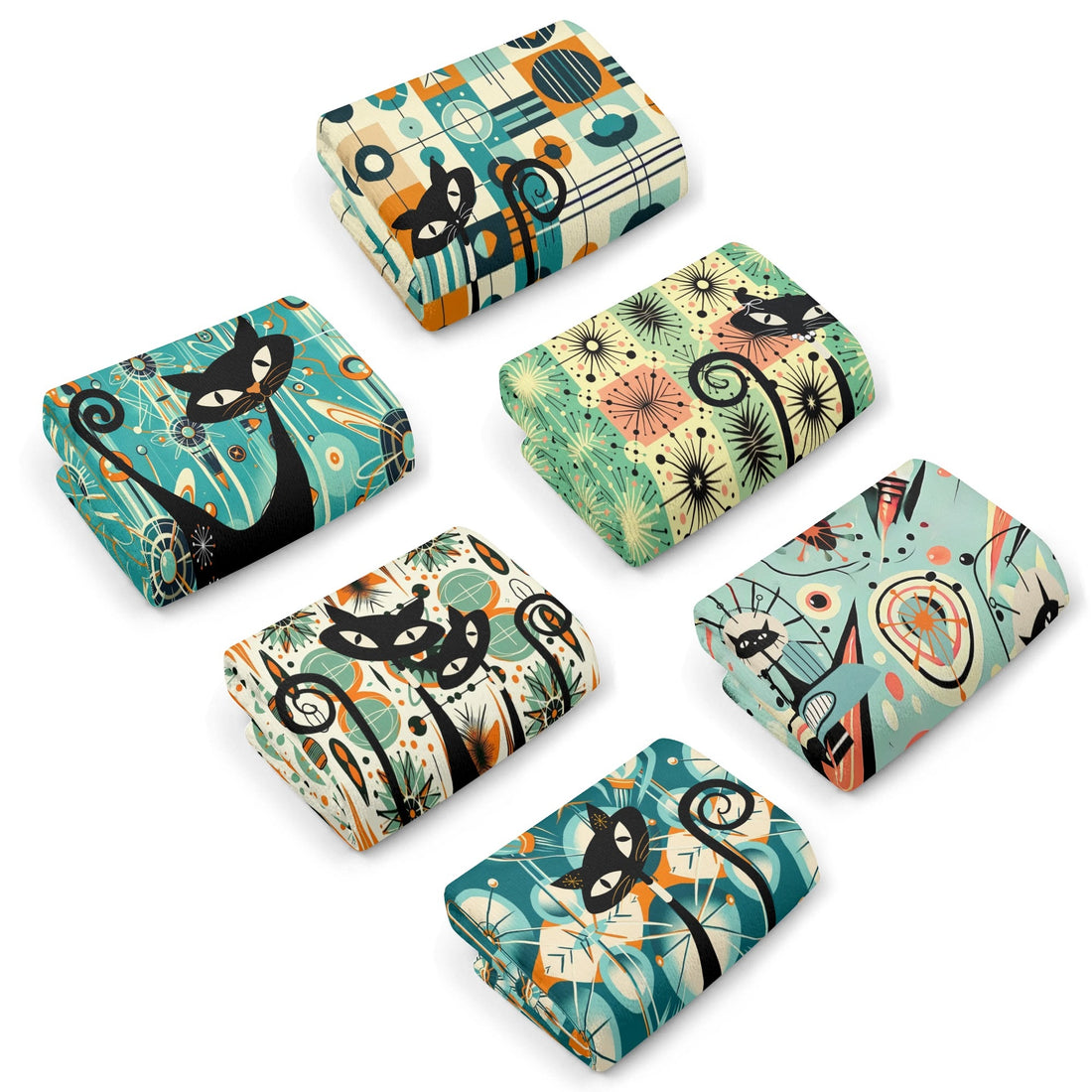 Atomic Space Cats Mid Century Modern Kitschy Bath Kitchen Towels - Mid Century Modern Gal