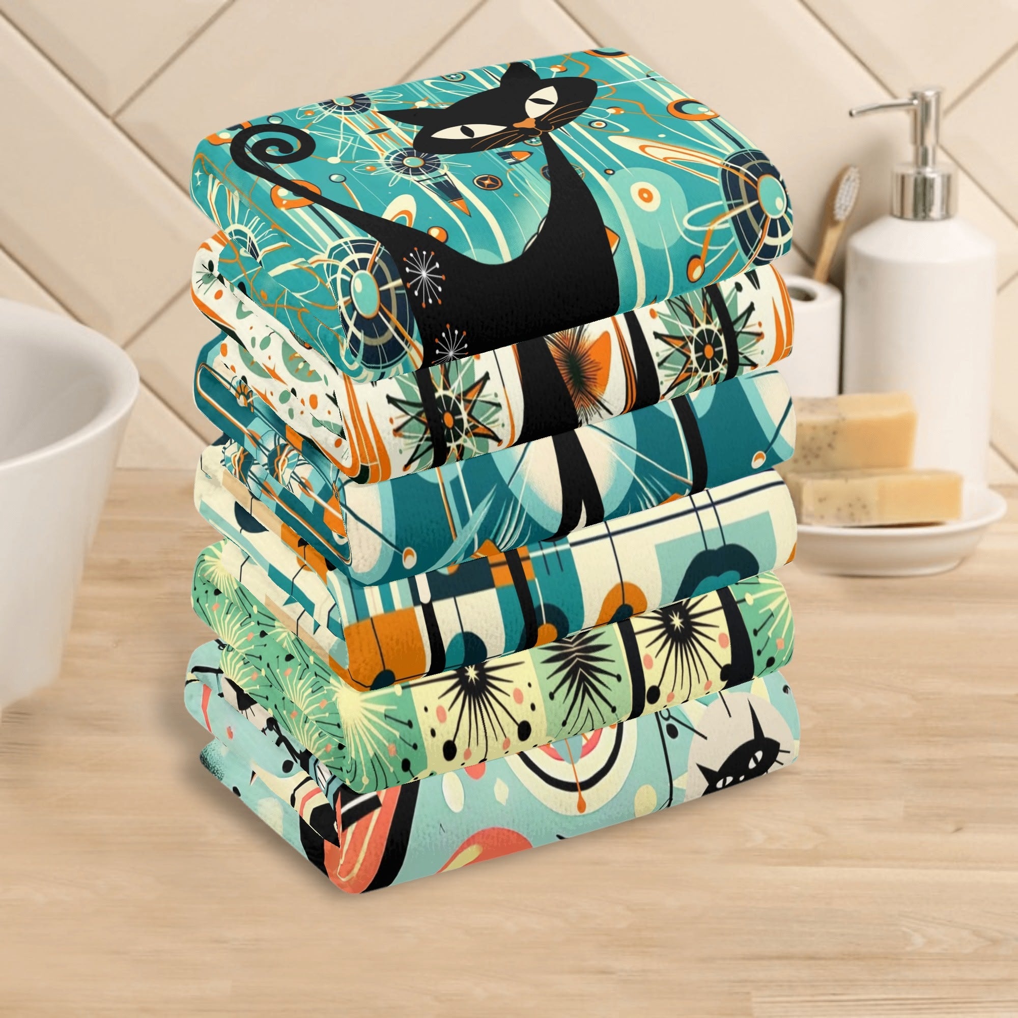 Atomic Space Cats Mid Century Modern Kitschy Bath Kitchen Towels - Mid Century Modern Gal