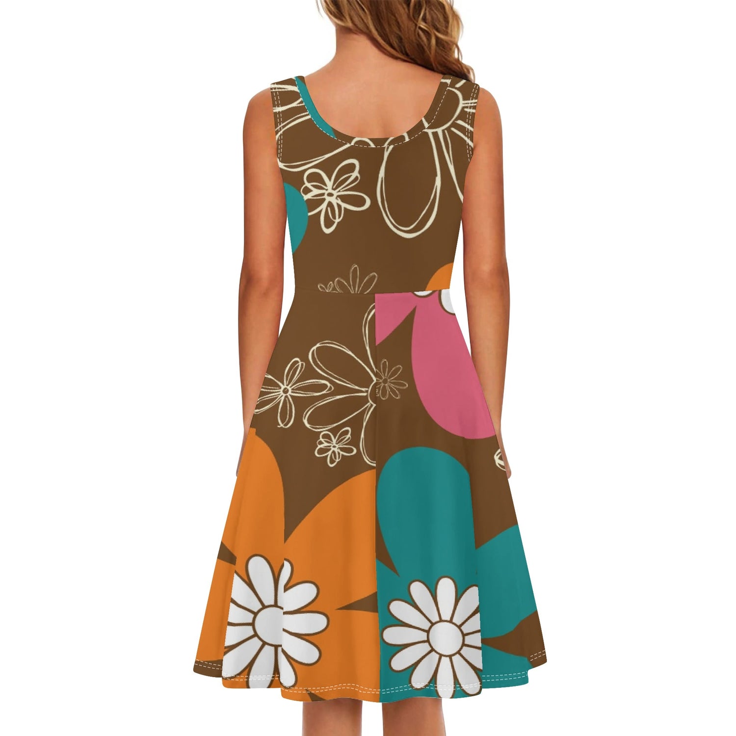 70s Groovy Mid Mod Flower Summer Womens Tank Dress Midi Wrap Round Neck Sleeveless Sundress