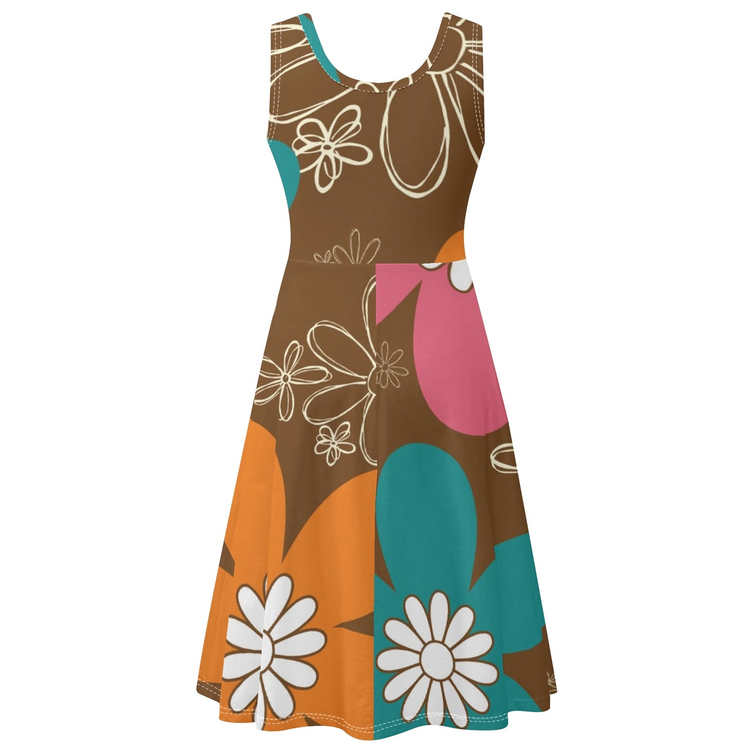 70s Groovy Mid Mod Flower Summer Womens Tank Dress Midi Wrap Round Neck Sleeveless Sundress