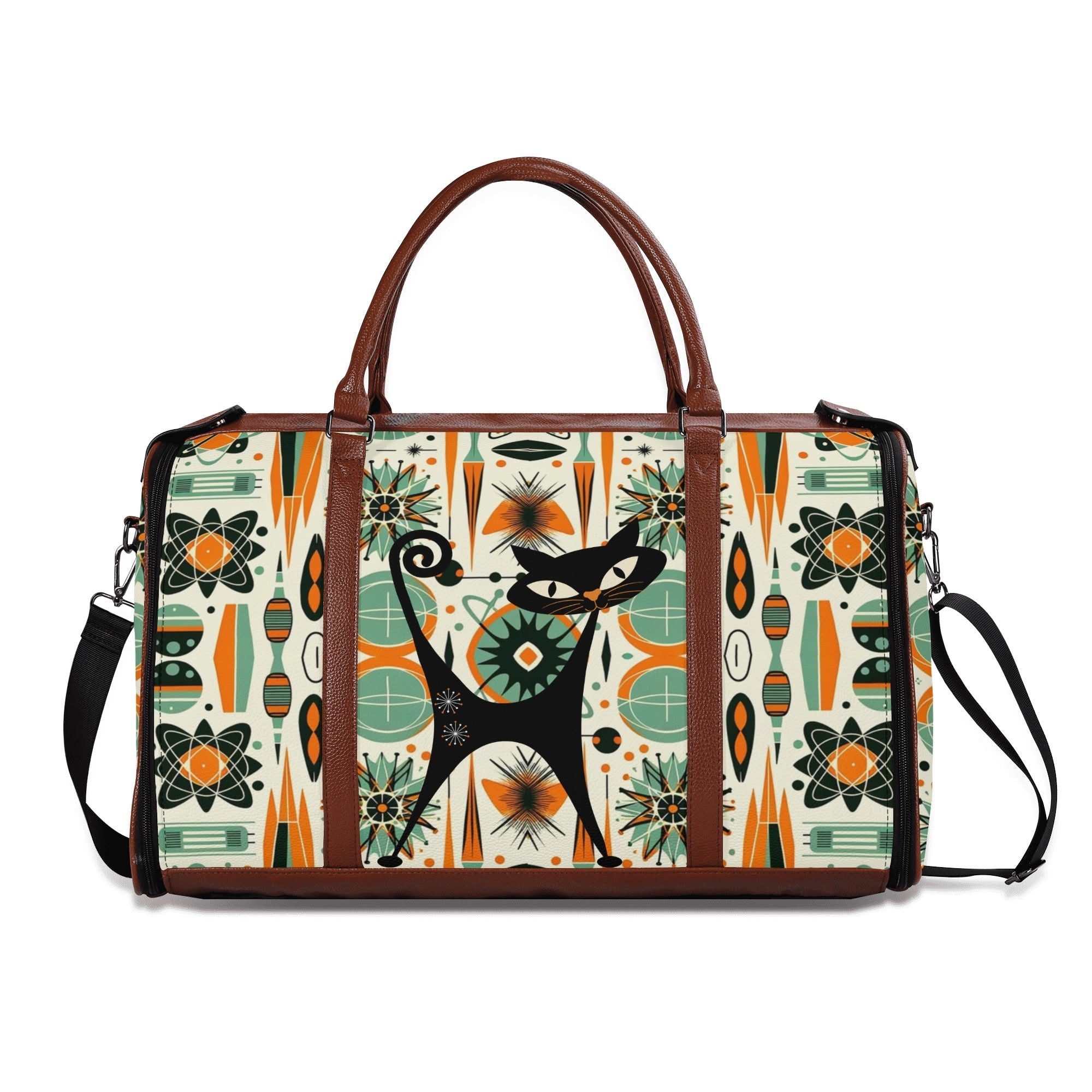 Atomic Space Cat, Mid Century Modern Space Age Duffle Bag Foldable Travel Bag - Mid Century Modern Gal