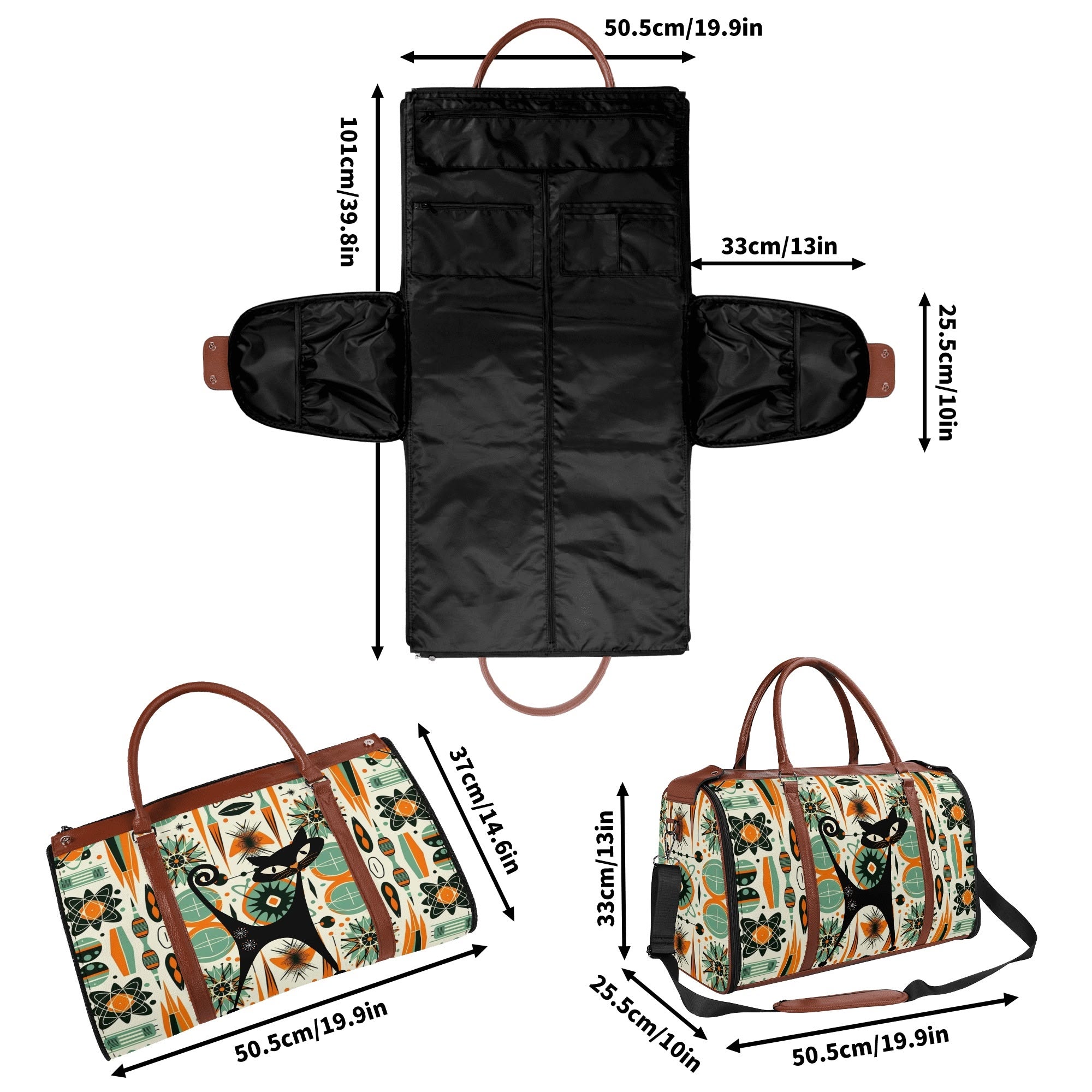 Atomic Space Cat, Mid Century Modern Space Age Duffle Bag Foldable Travel Bag - Mid Century Modern Gal