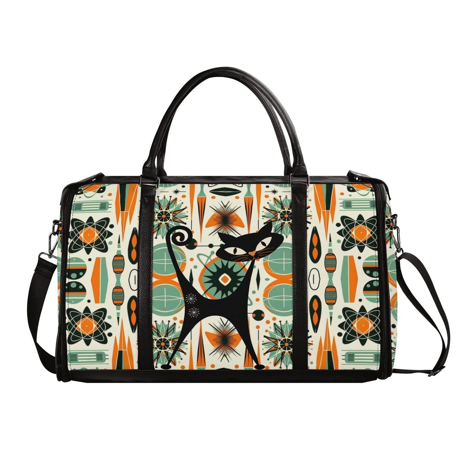 Atomic Space Cat, Mid Century Modern Space Age Duffle Bag Foldable Travel Bag - Mid Century Modern Gal