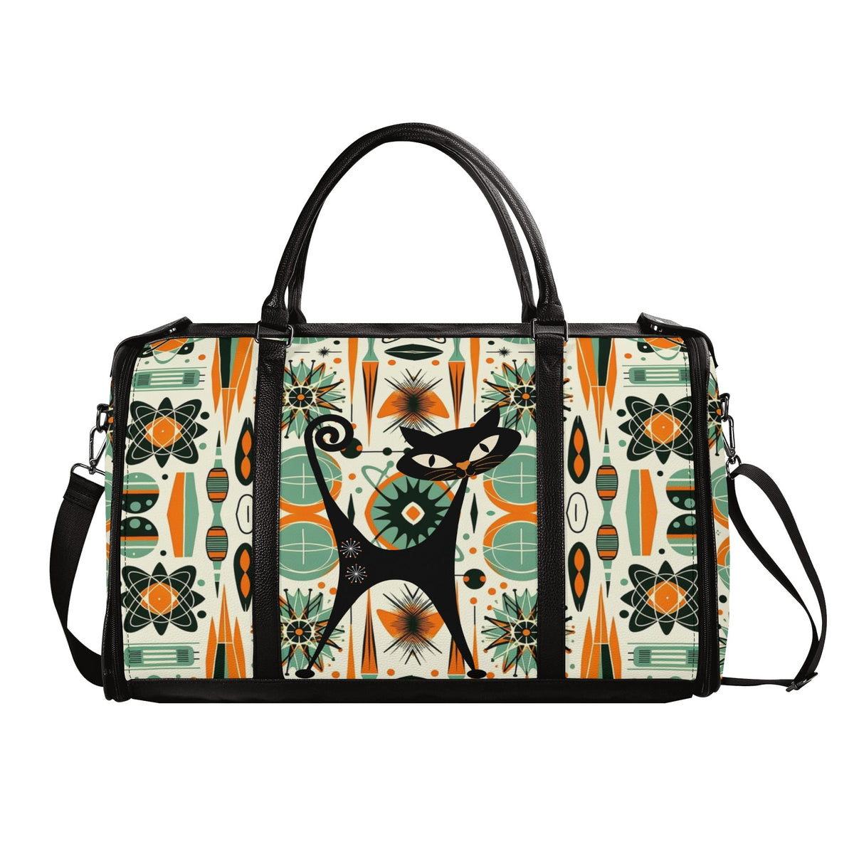 Atomic Space Cat, Mid Century Modern Space Age Duffle Bag Foldable Travel Bag - Mid Century Modern Gal