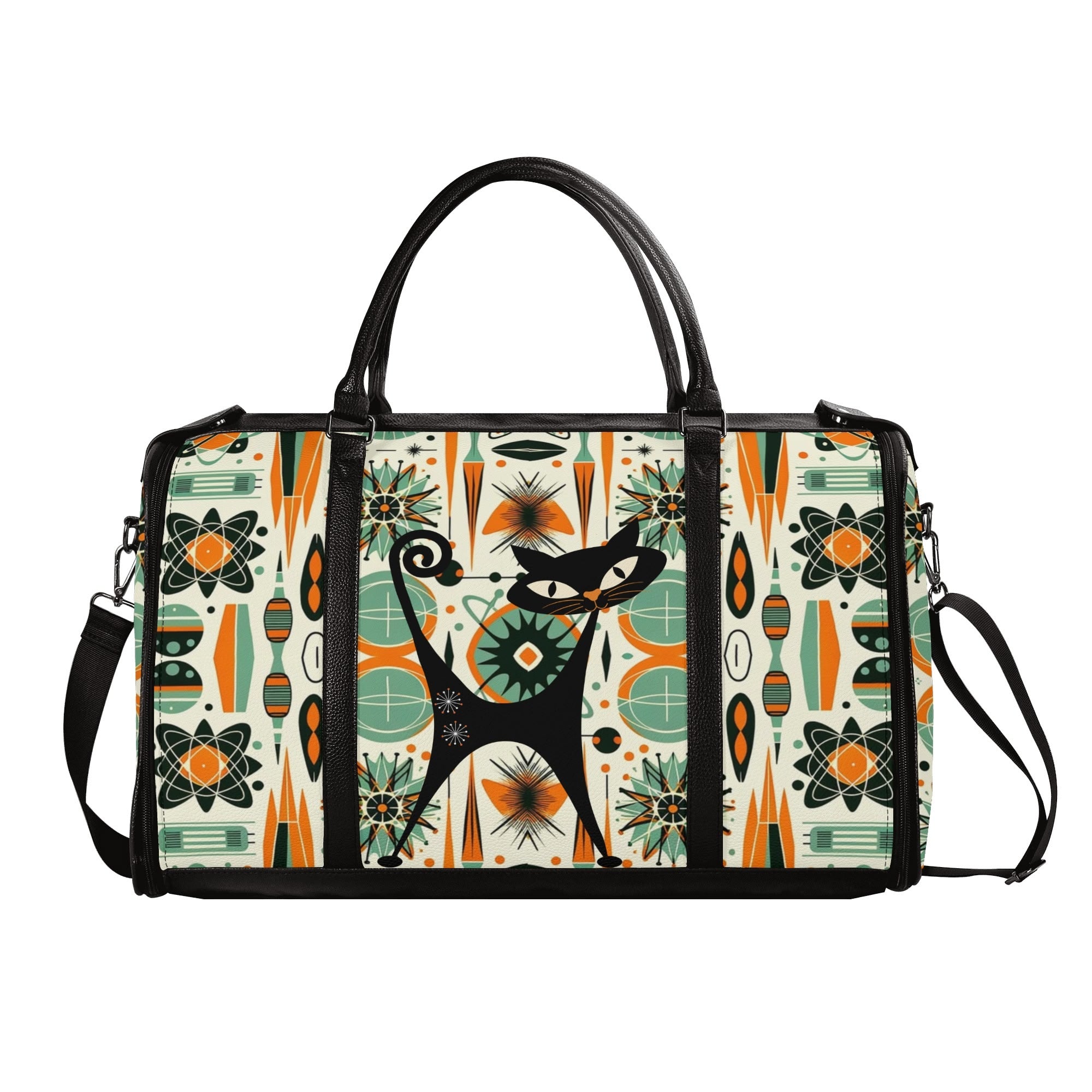 Atomic Space Cat, Mid Century Modern Space Age Duffle Bag Foldable Travel Bag - Mid Century Modern Gal