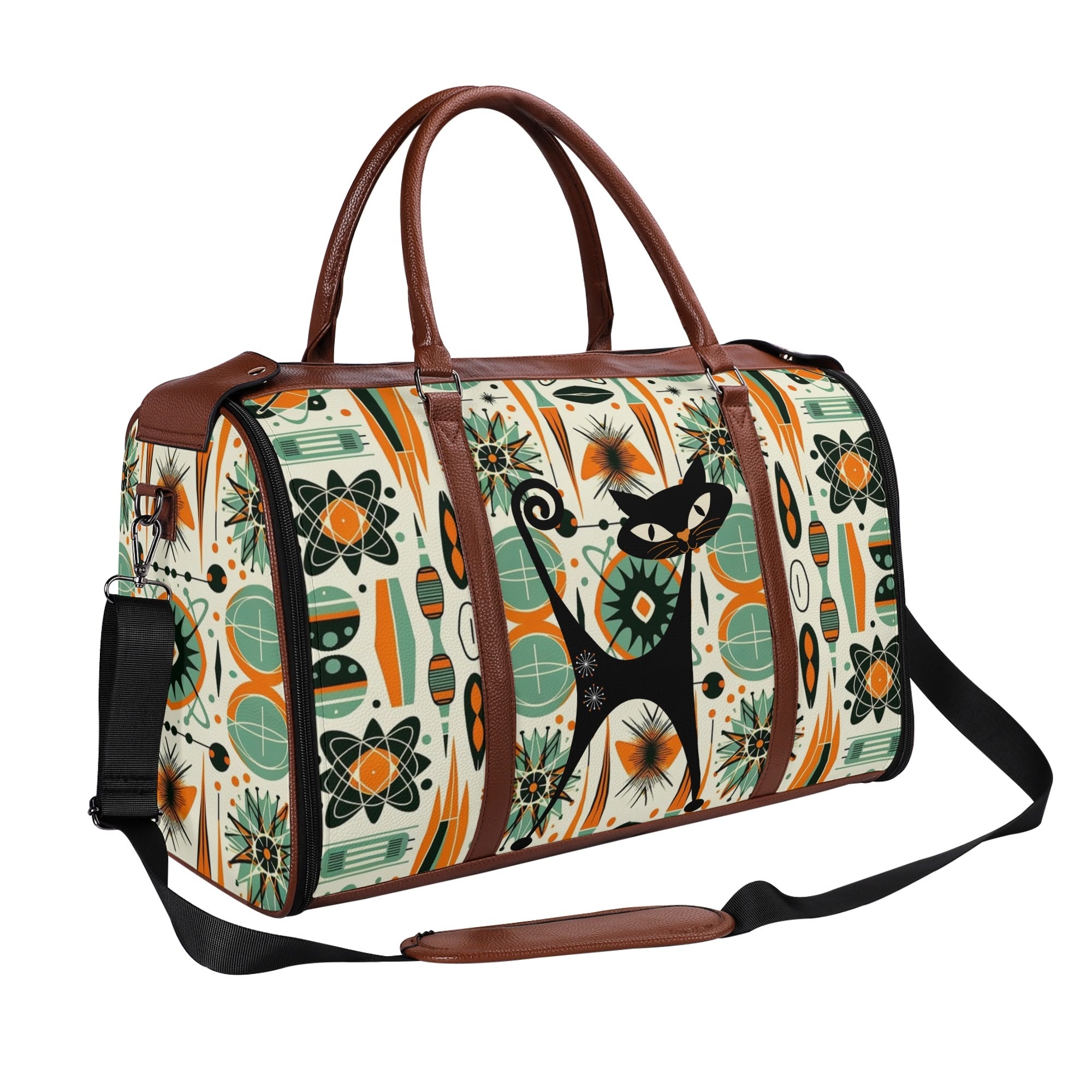 Atomic Space Cat, Mid Century Modern Space Age Duffle Bag Foldable Travel Bag - Mid Century Modern Gal