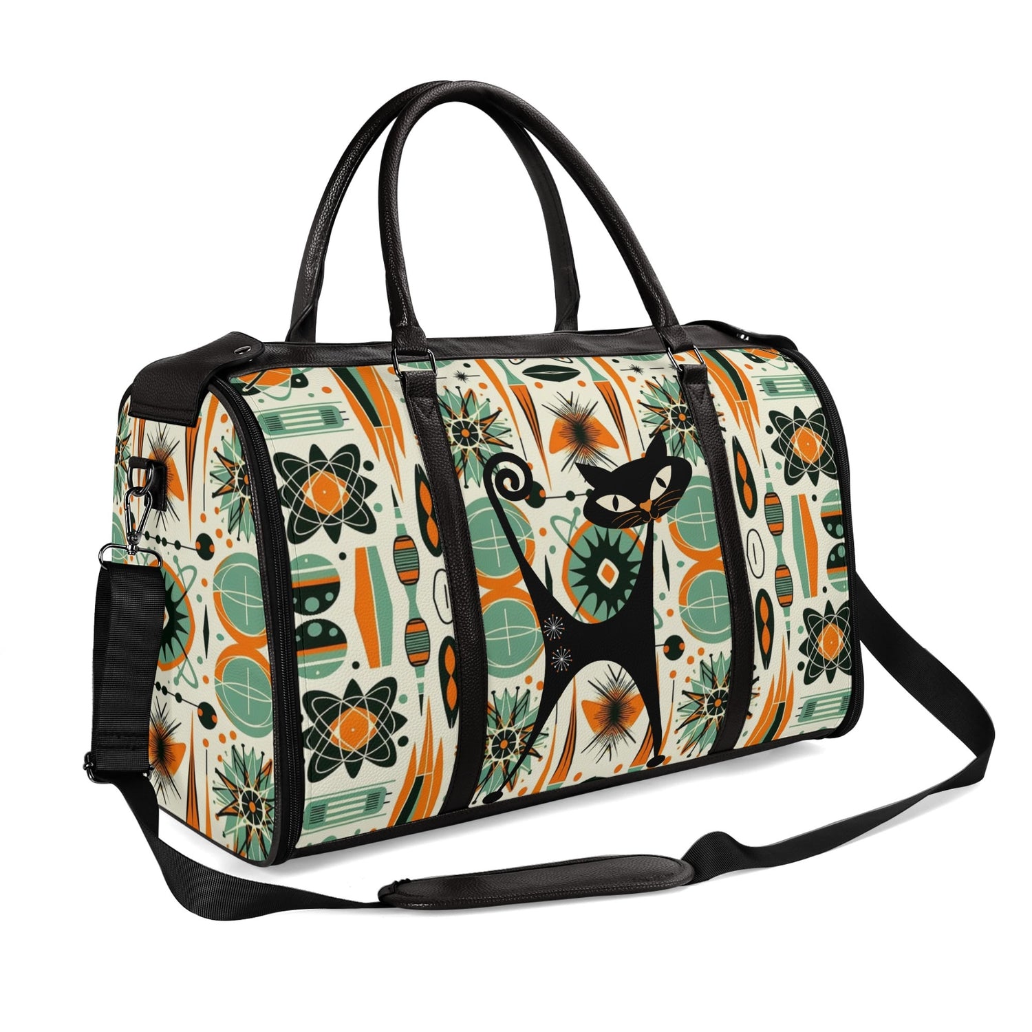 Atomic Space Cat, Mid Century Modern Space Age Duffle Bag Foldable Travel Bag - Mid Century Modern Gal